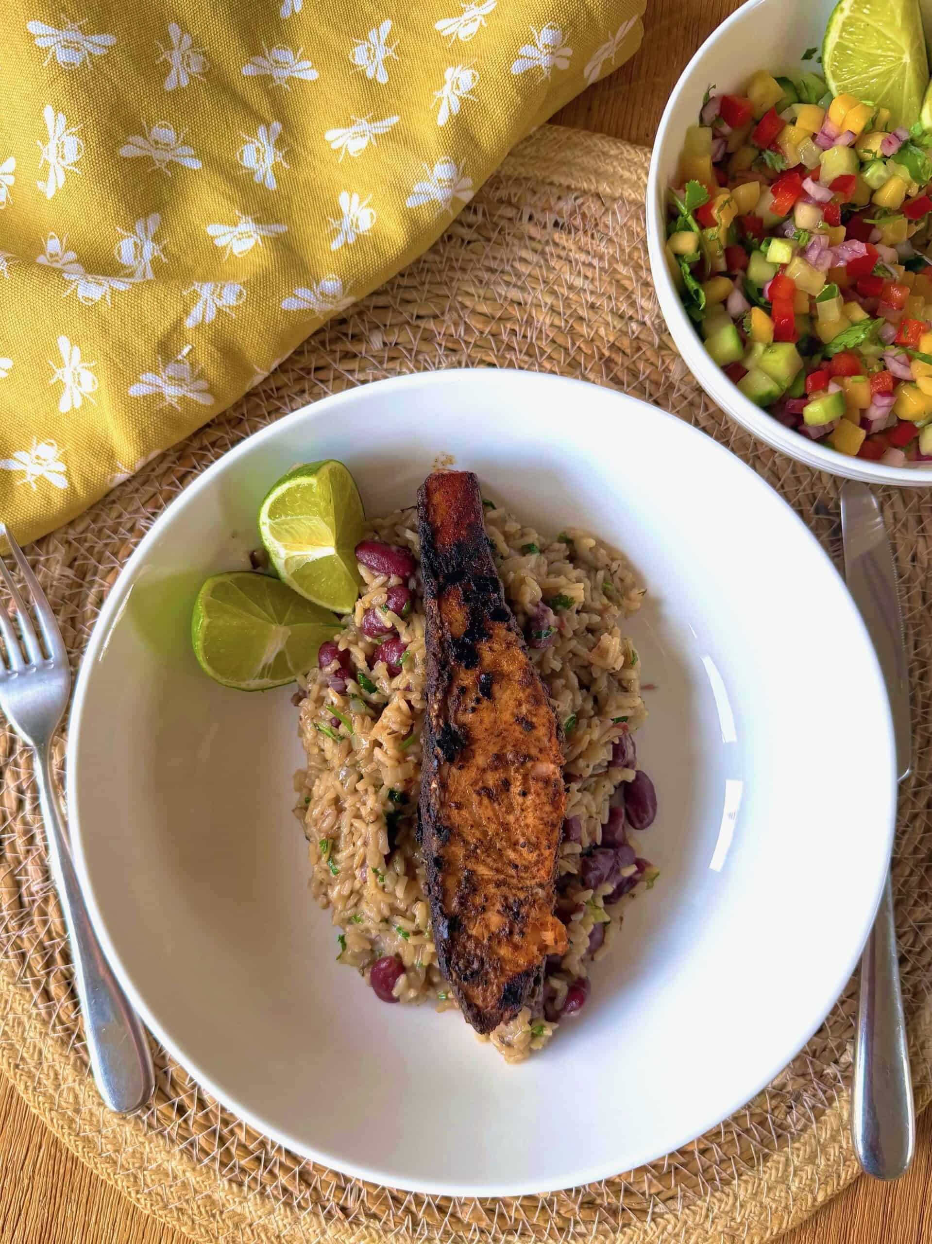 serve the jerk salmon with rice and peas