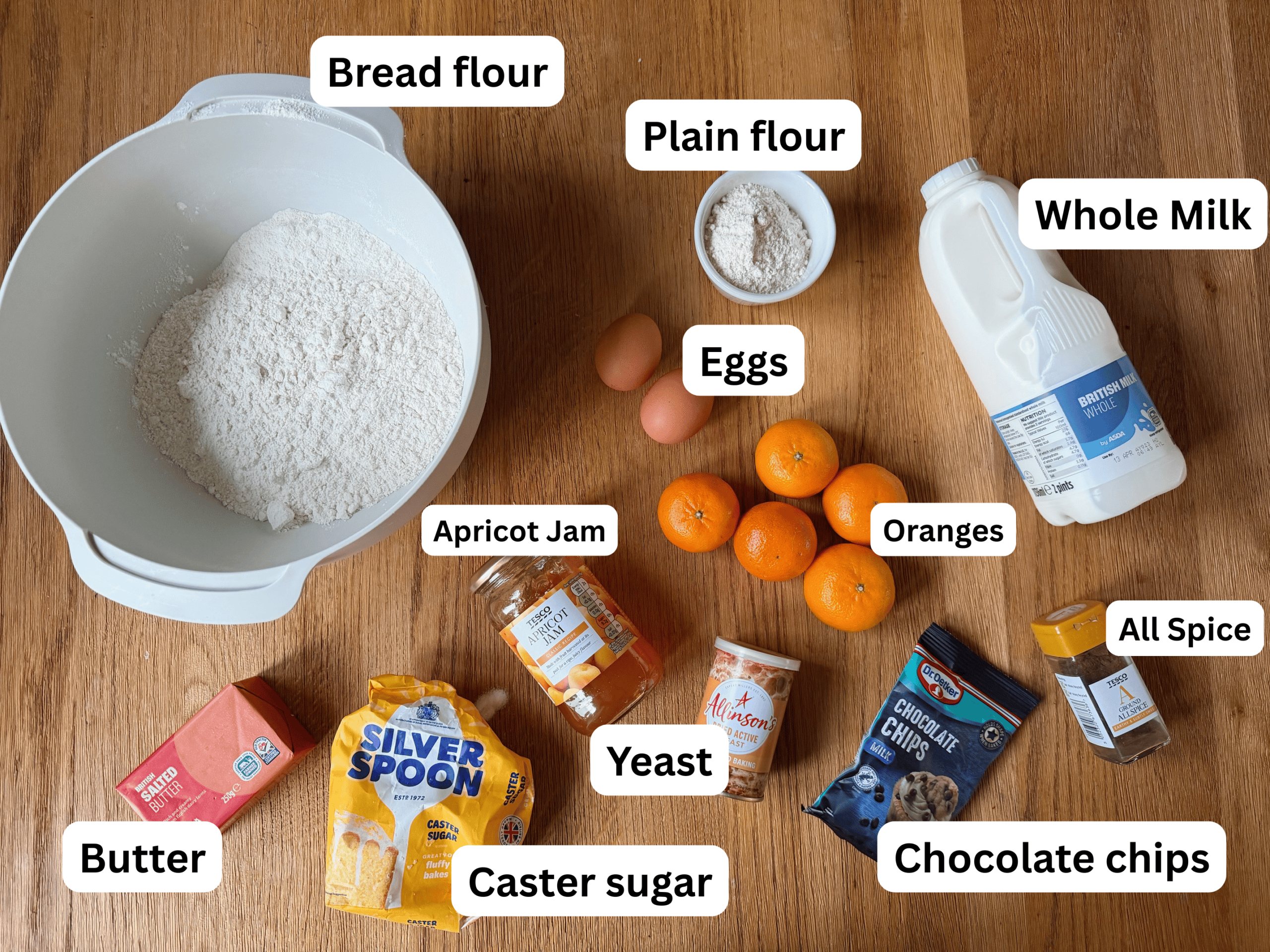 chocolate chip and orange hot cross bun ingredients