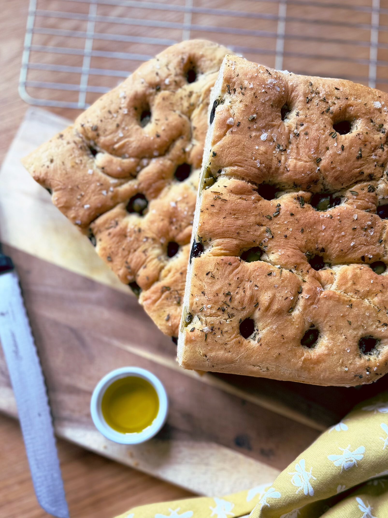 baked olive and rosemary focaccia