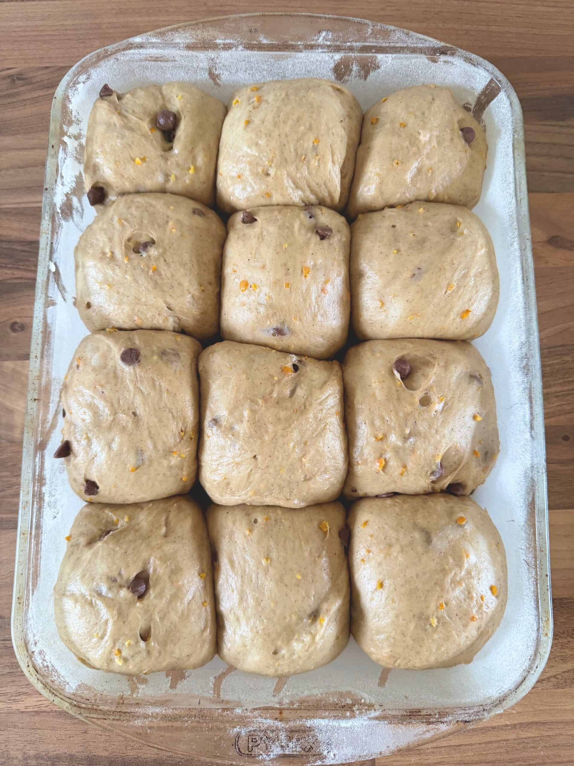 proved hot cross buns in tray