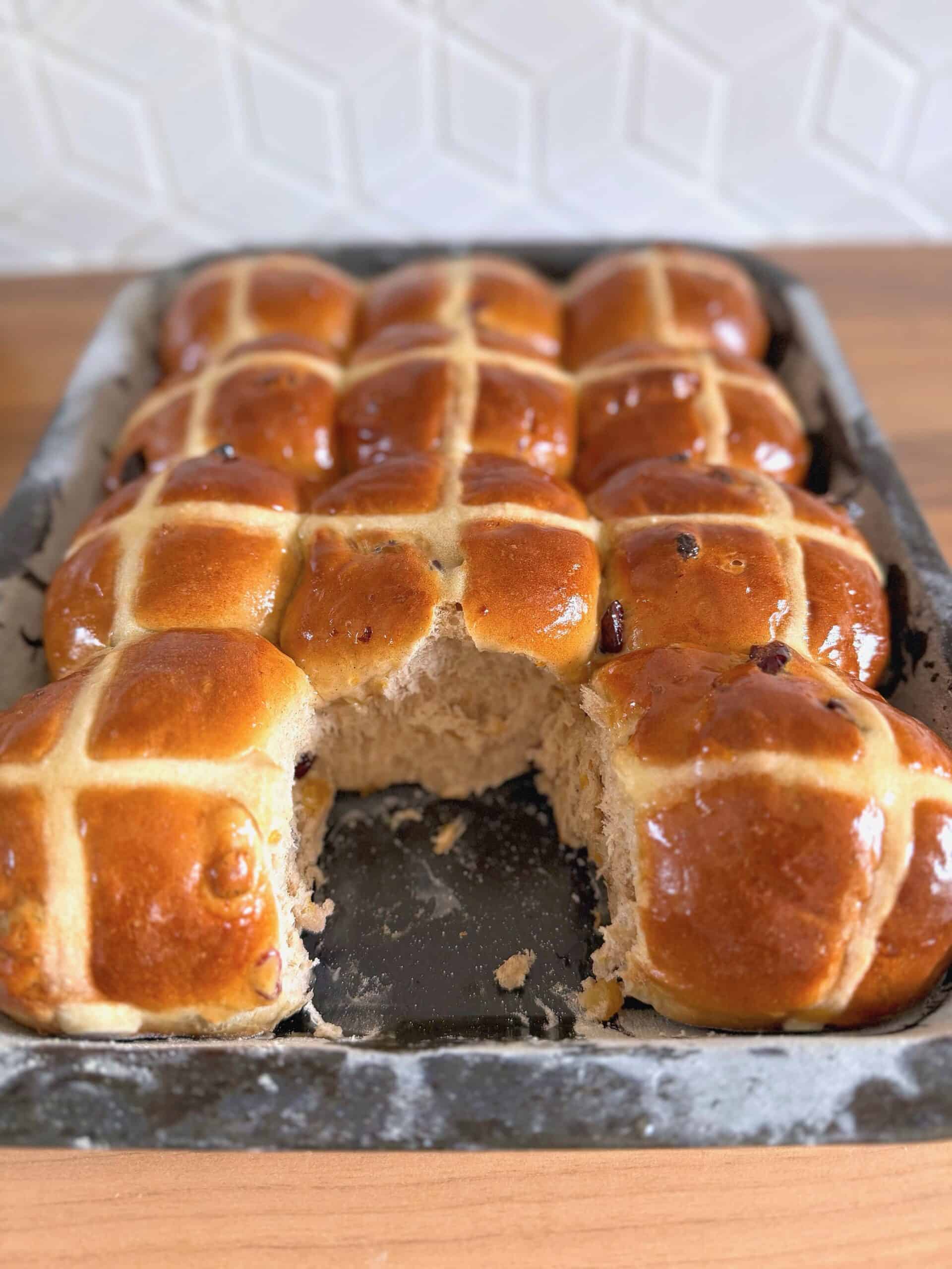 completed tray of hot cross uns