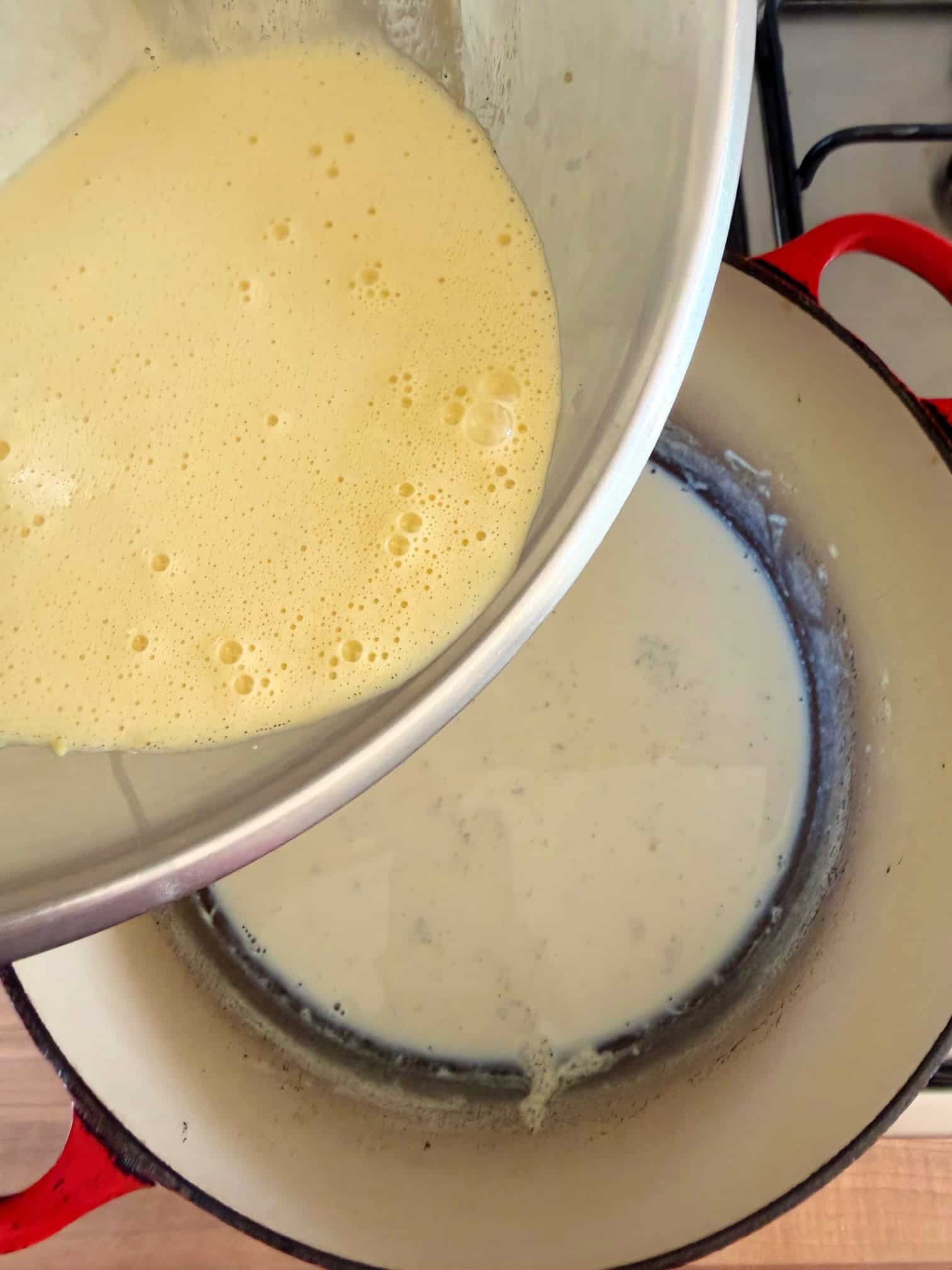 pour eggs into milk