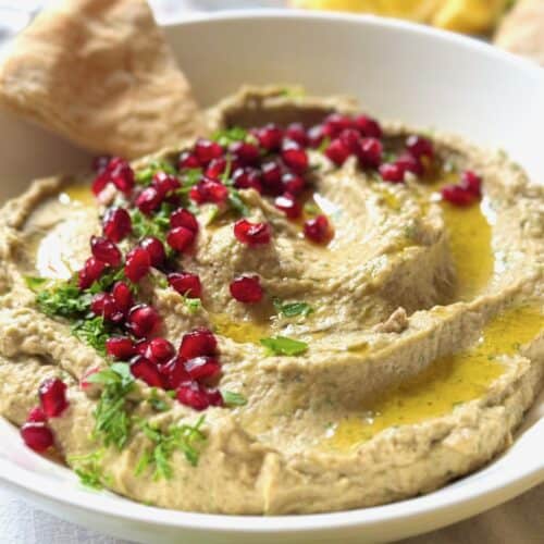 baba ganoush with pomegranate seeds