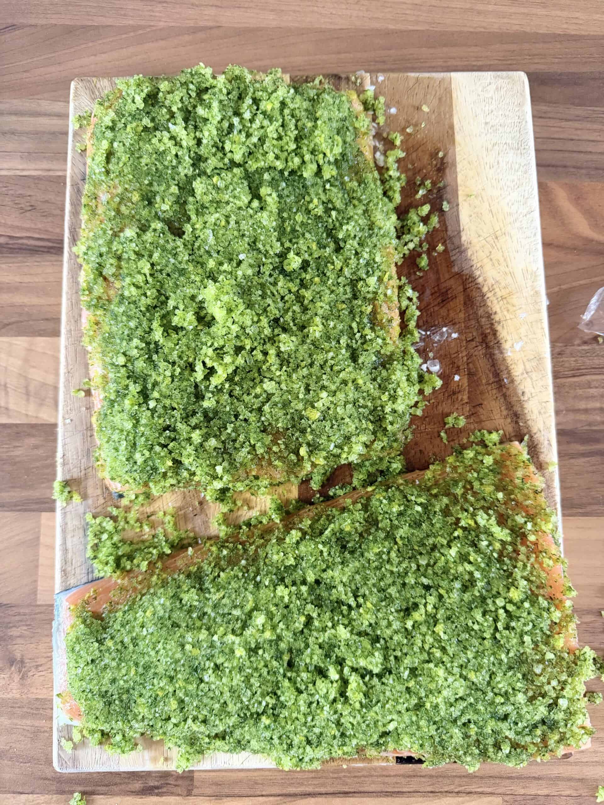 applying cure to salmon