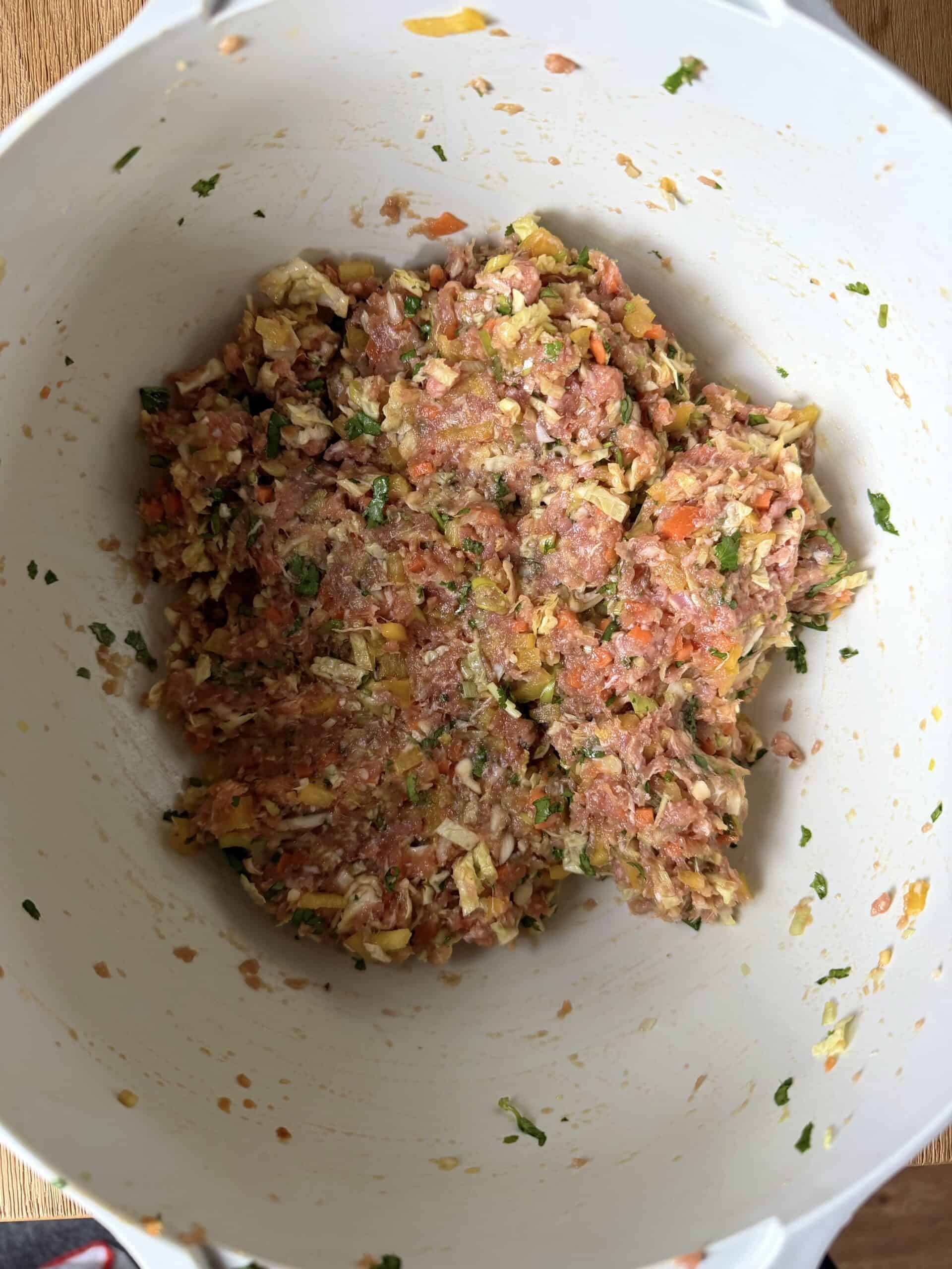 Potsticker filling mixed in a bowl