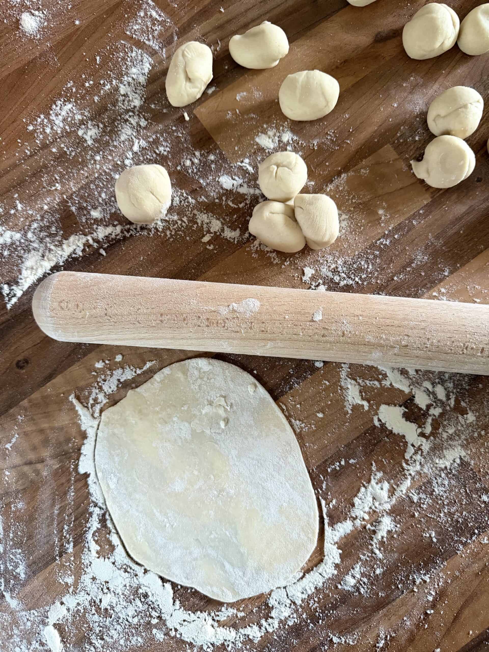 Rolling the potsticker wrappers