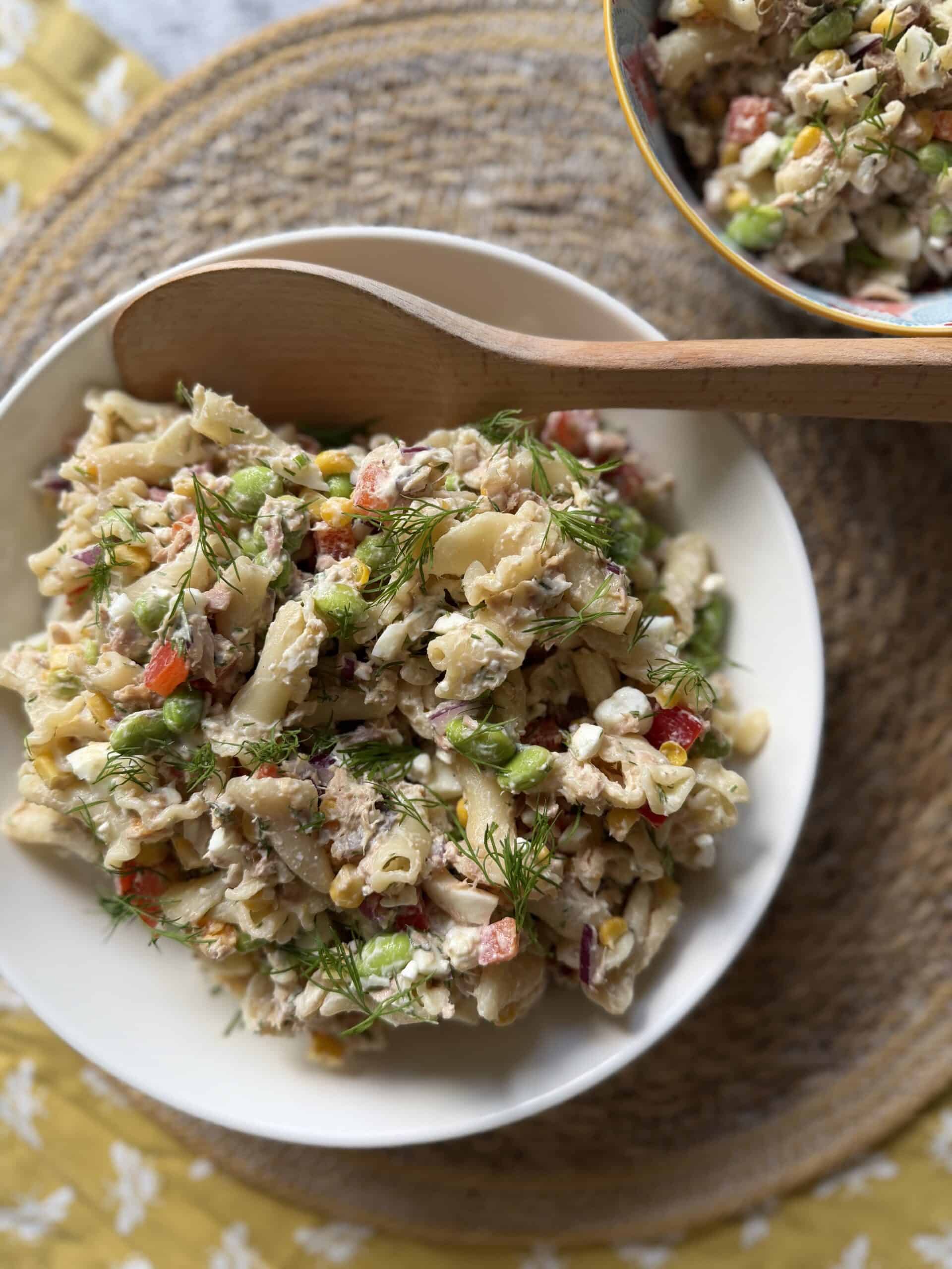 High protein tuna pasta salad overhead shot