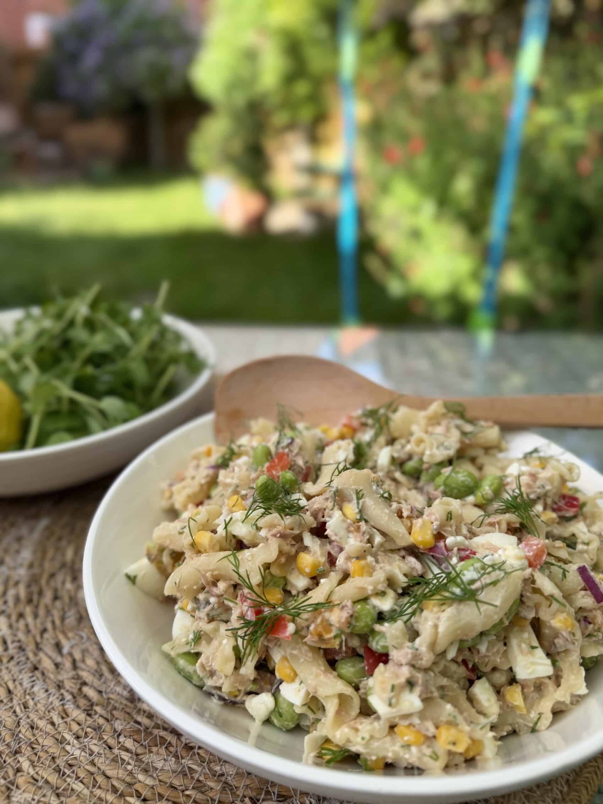 Tuna pasta salad on outside table in garden