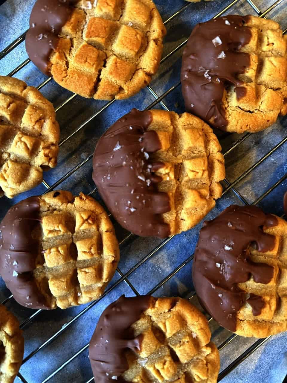 Chocolate dipped peanut butter cookies close up