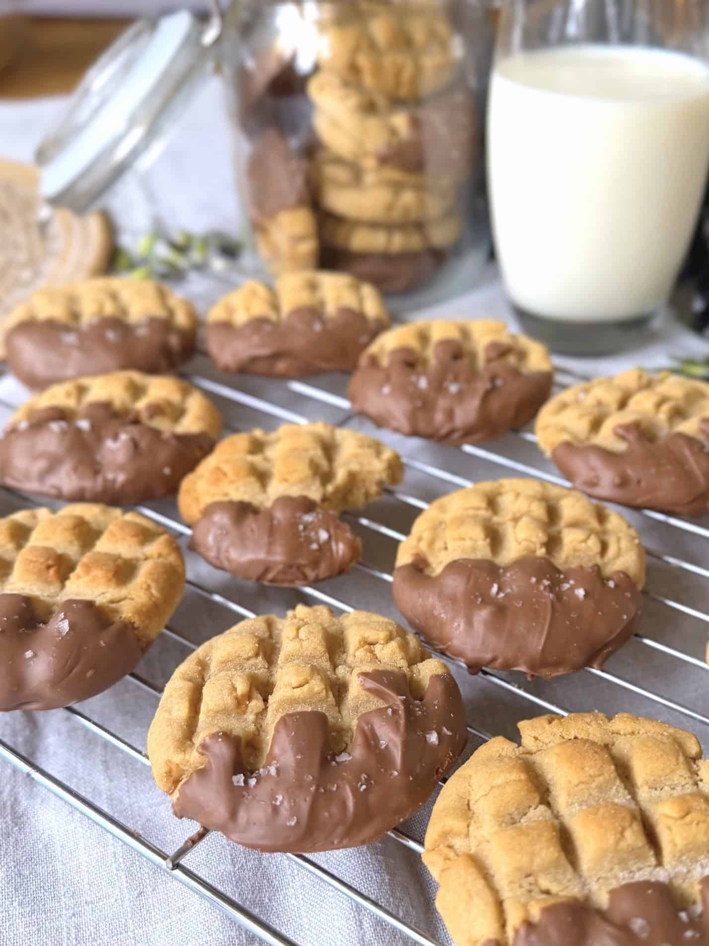 peanut butter cookies with a glass of milk