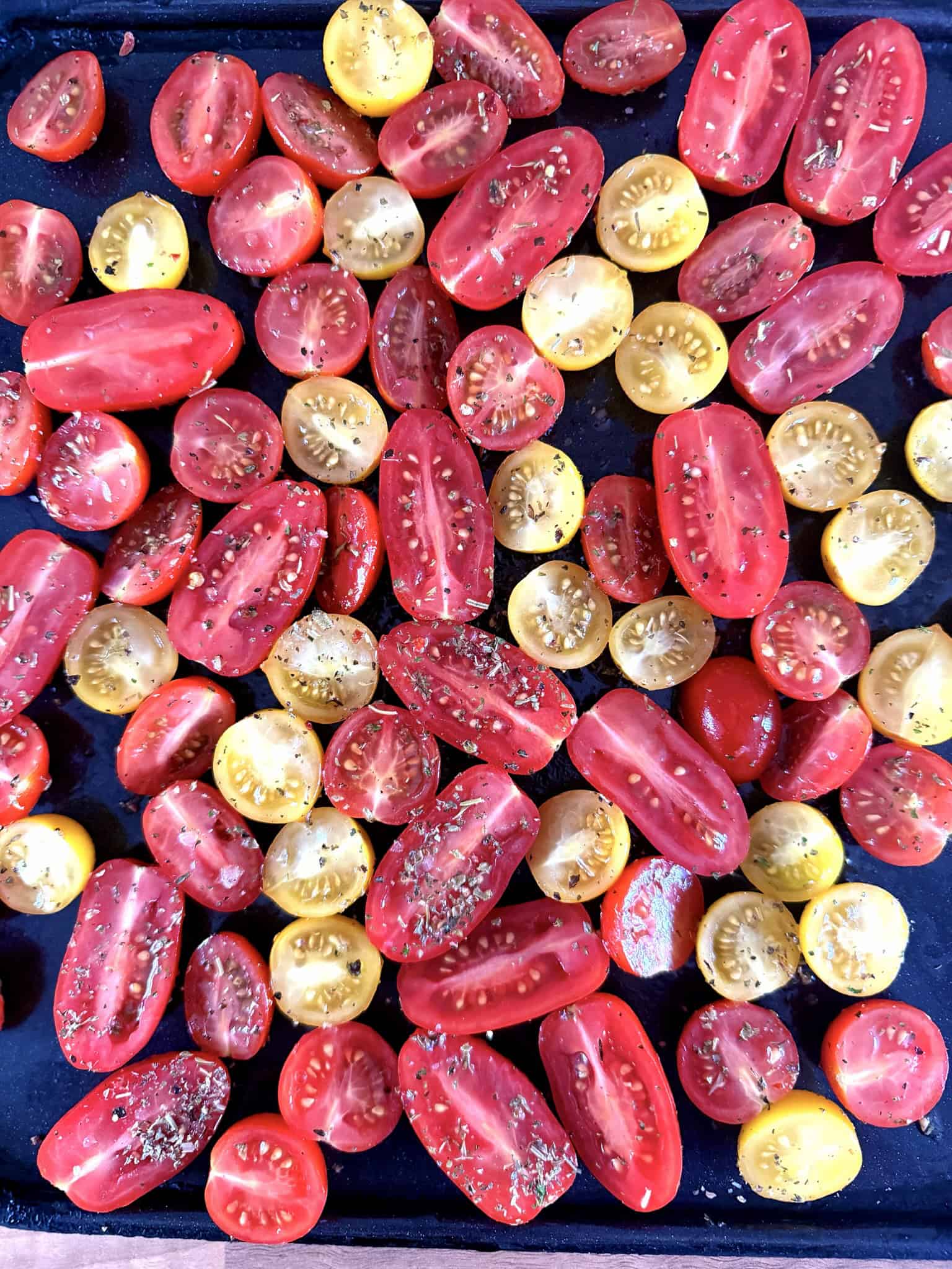 Roast cherry tomatoes on a tray