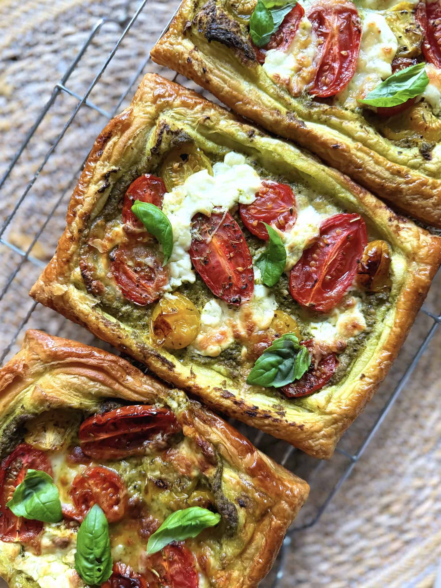 Tomato and burrata tart with fresh basil