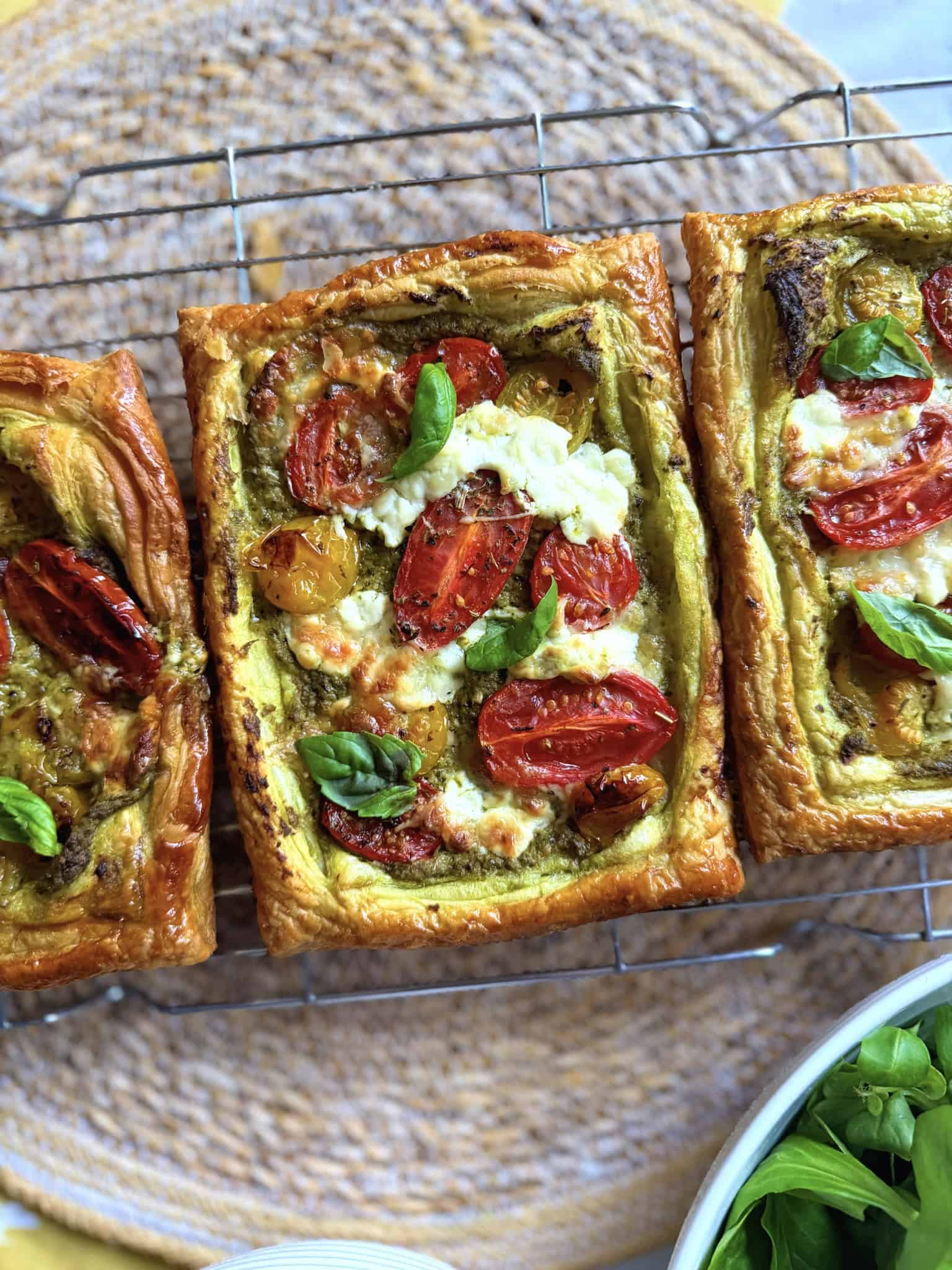 puff pastry tart with tomatoes, pesto and burrata