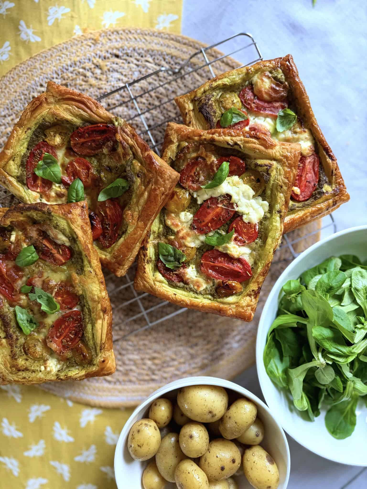 tomato, pesto and burrata tart