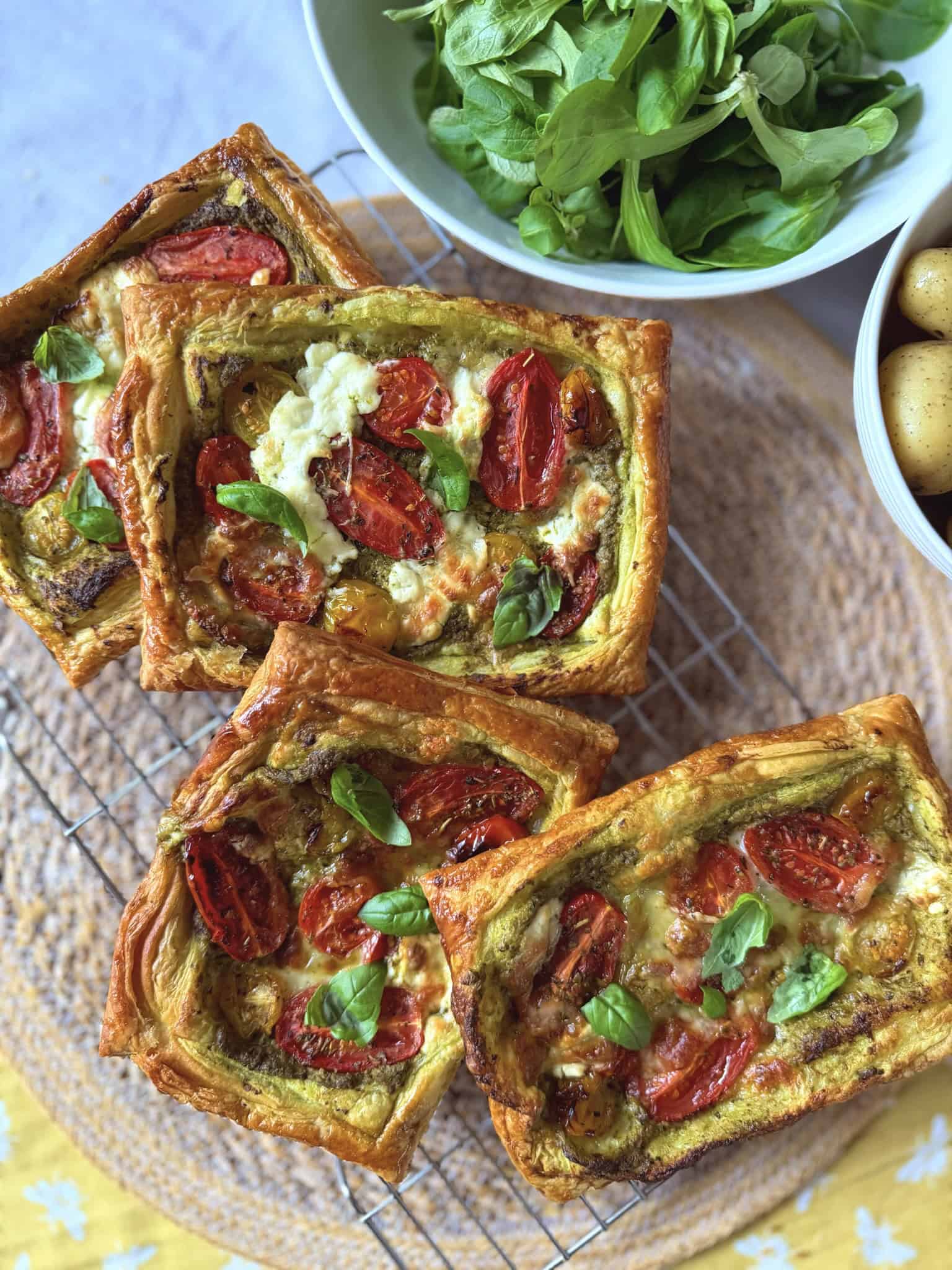 tomato, pesto and burrata tarts