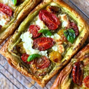 Tomato, basil and burrata tart with fresh basil