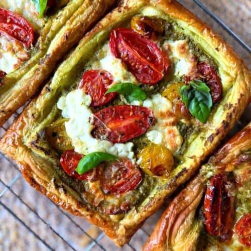 Tomato, basil and burrata tart with fresh basil