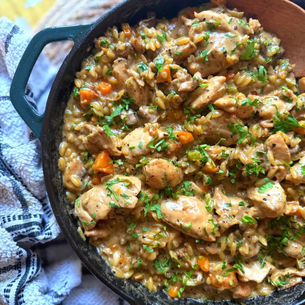 Chicken and mushroom orzo in cast iron skillet