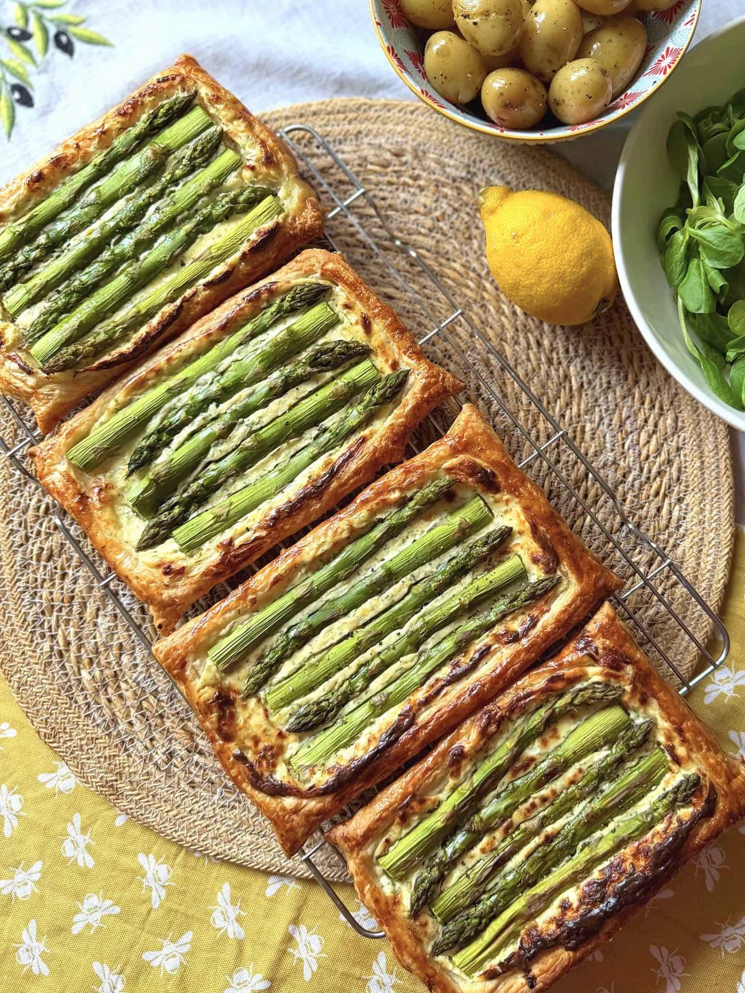 asparagus tarts with lemon and green salad
