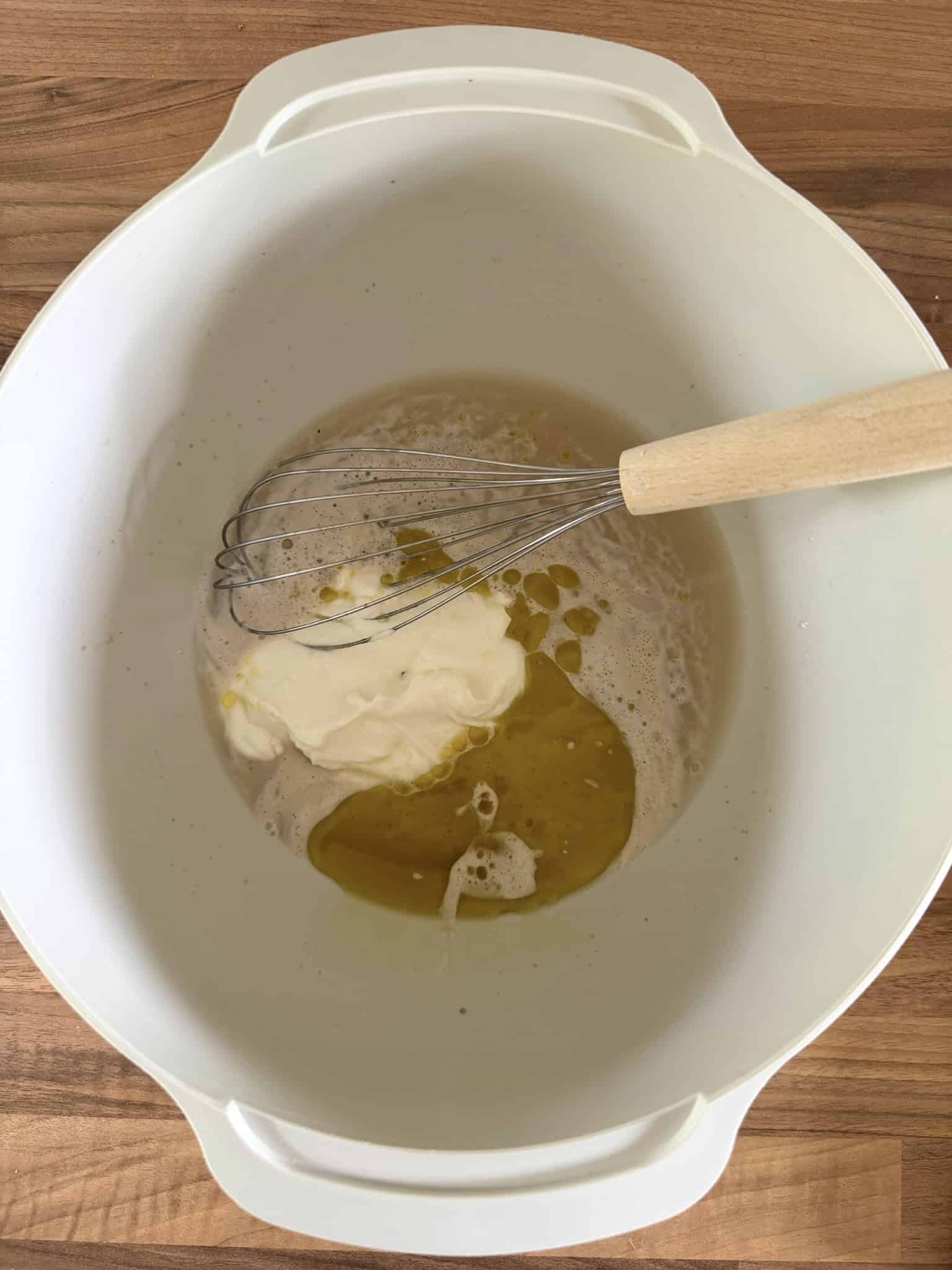 Greek yogurt whisked into the yeast mixture