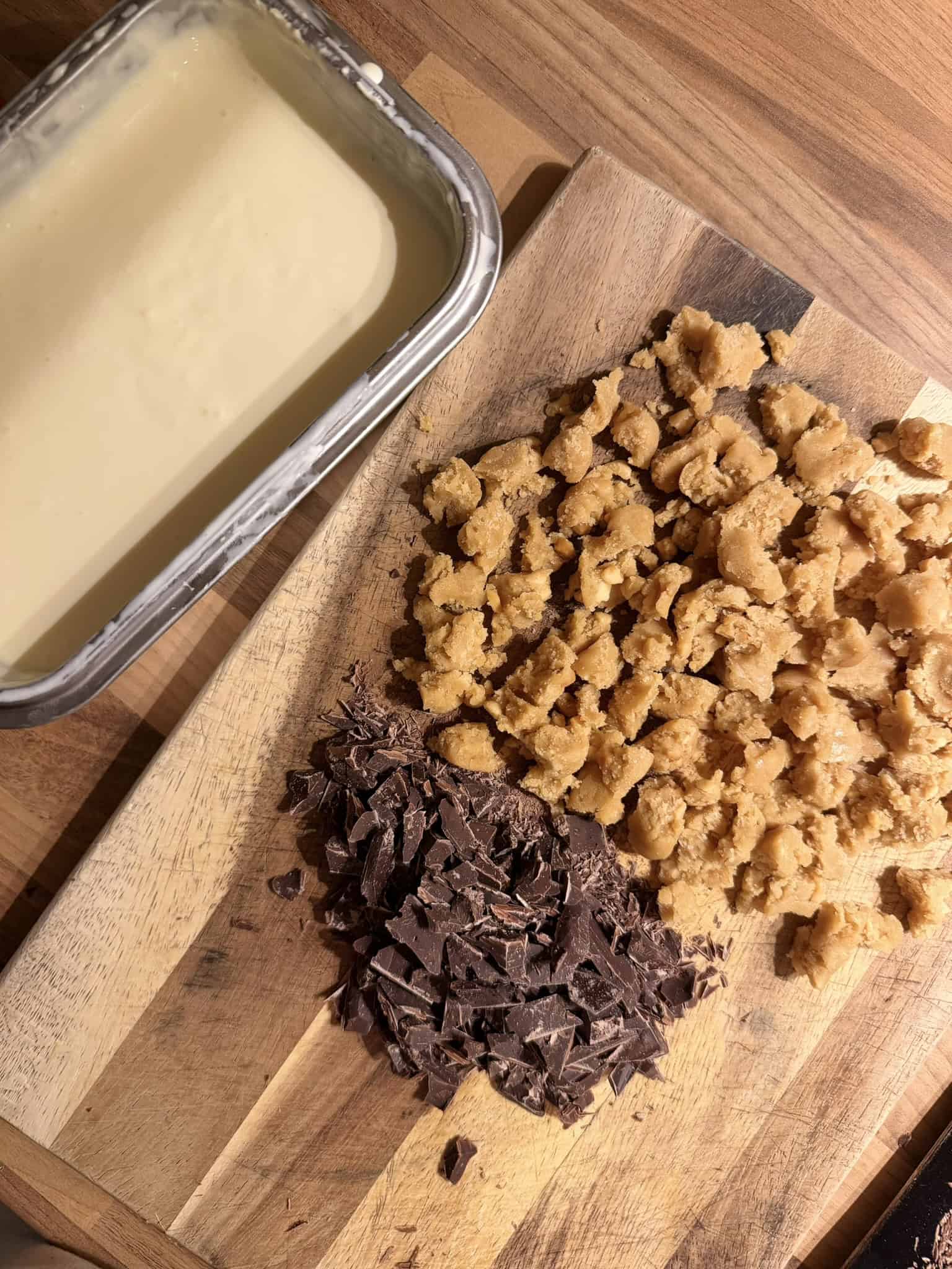 Cookie dough, chocolate chips and ice cream