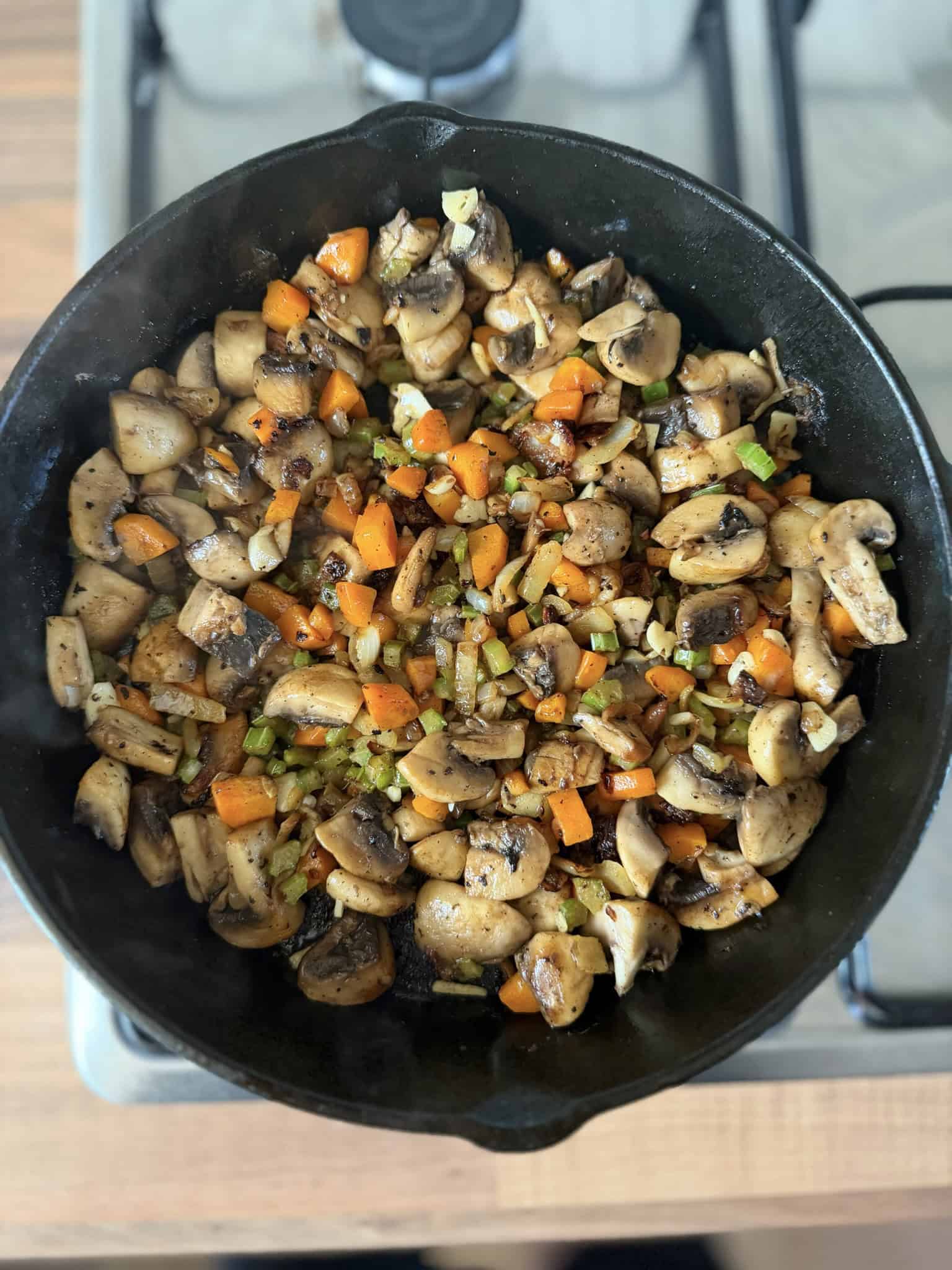 cooking vegetables in an iron skillet