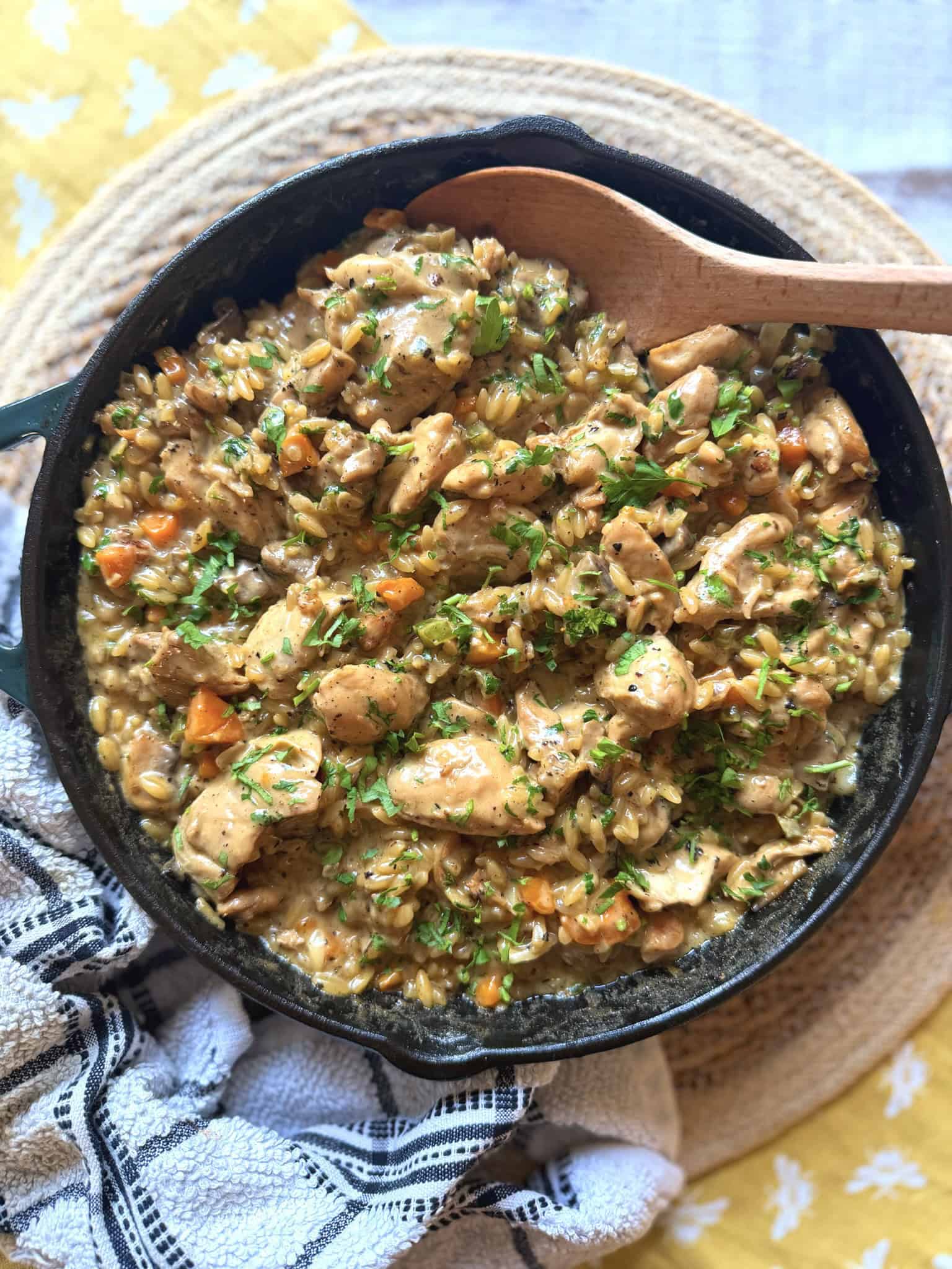 finished creamy chicken and mushroom orzo pasta