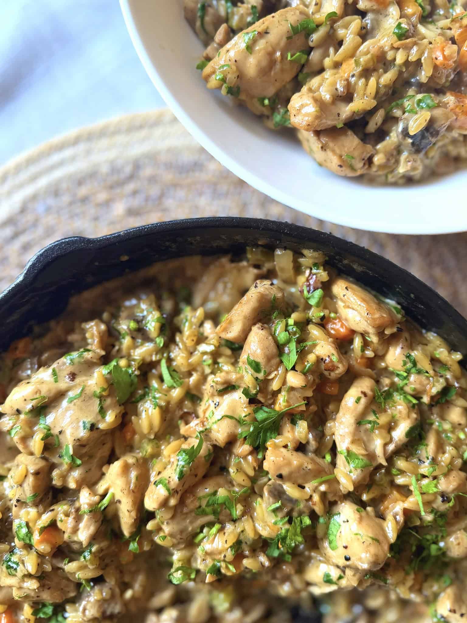 chicken and mushroom orzo close up