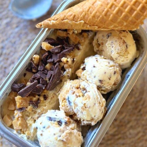 Peanut butter cookie dough ice cream with a cone