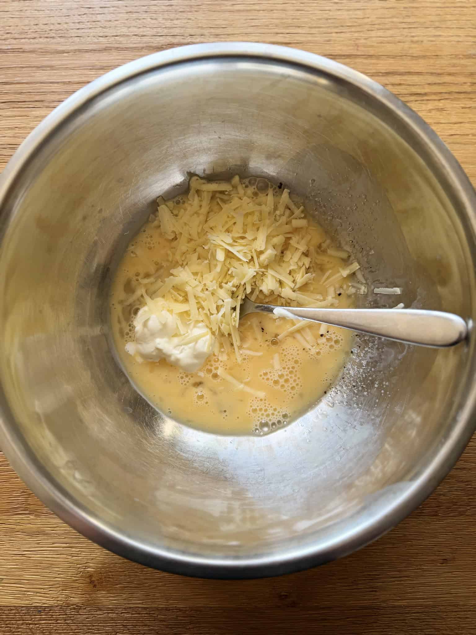 mix egg, cheese and creme fraiche
