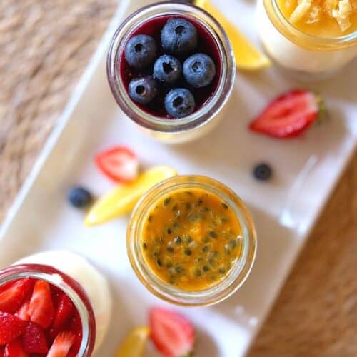 Mini greek yogurt cheesecakes, strawberry, passionfruit, blueberry and lemon & ginger
