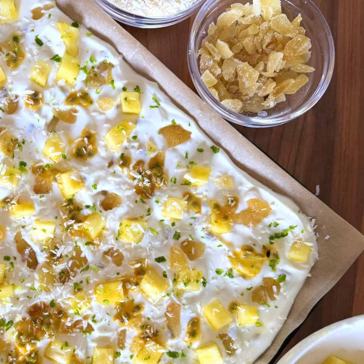 Tropical Greek yogurt bark on a tray