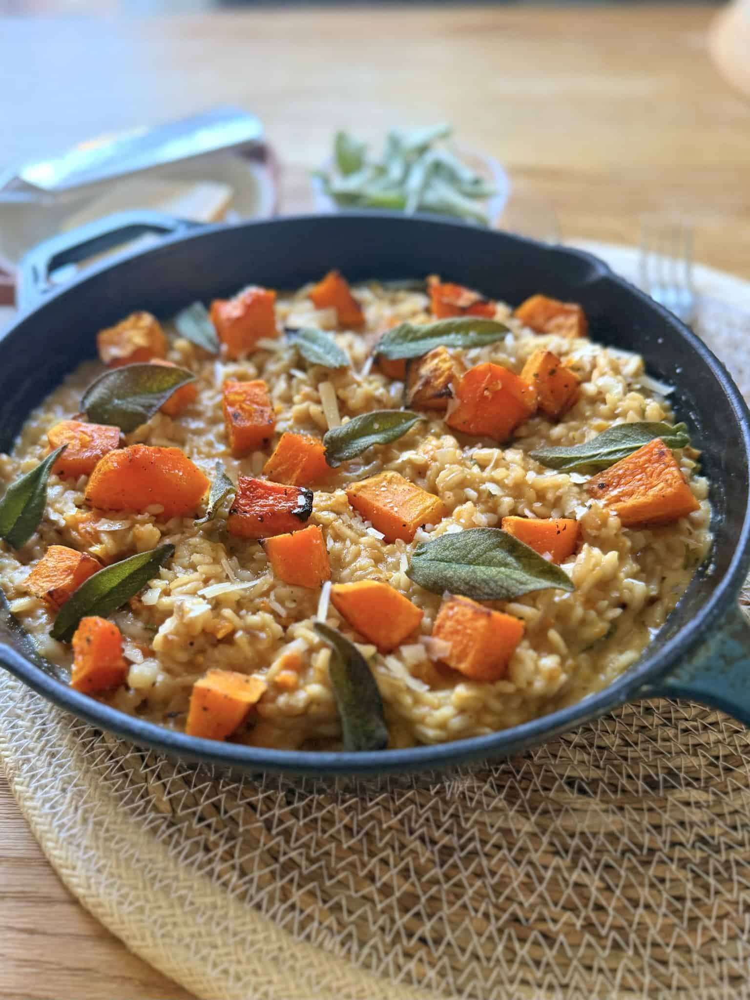 roast squash and sage risotto in black skillet