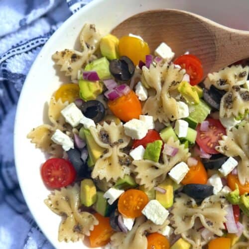 Summer pasta salad with olive dressing